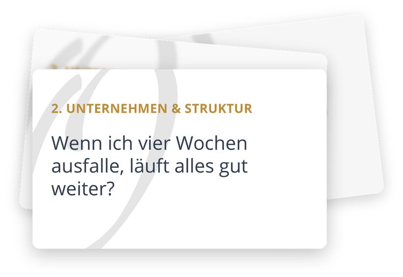 Reflexionskarten von Oakstreet, Themenfeld Unternehmen und Struktur: Wenn ich vier Wochen ausfalle, läuft alles gut weiter?