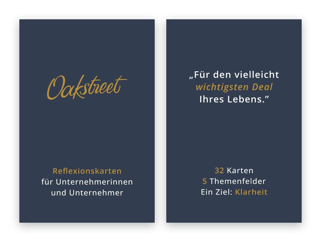 Verpackung der Oakstreet Reflexionskarten: 32 Karten, 5 Themenfelder, ein Ziel: Klarheit
